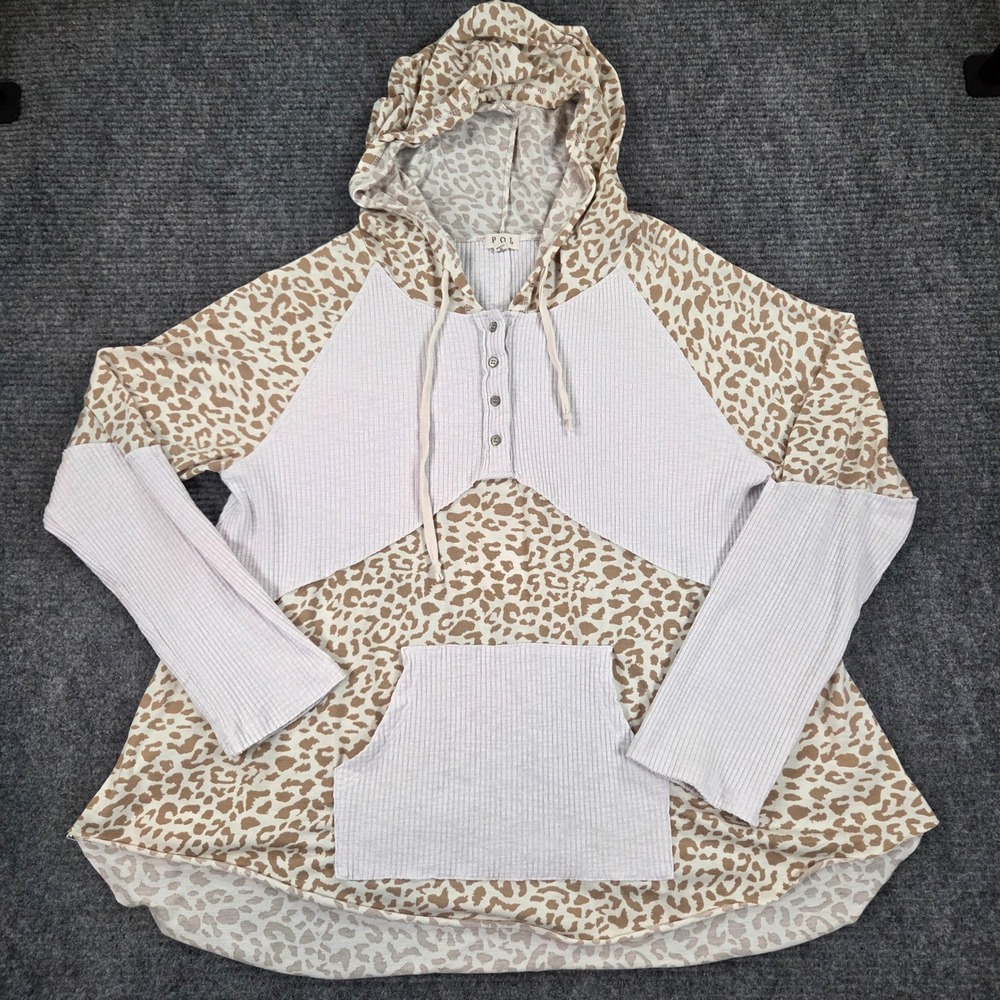 POL Womens Leopard Print Waffle Knit Henley Hoodie Tan Large Animal Print